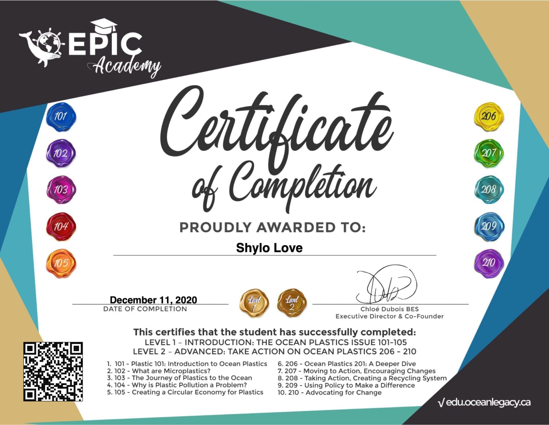 Sample EPIC Academy Certificate of Completion